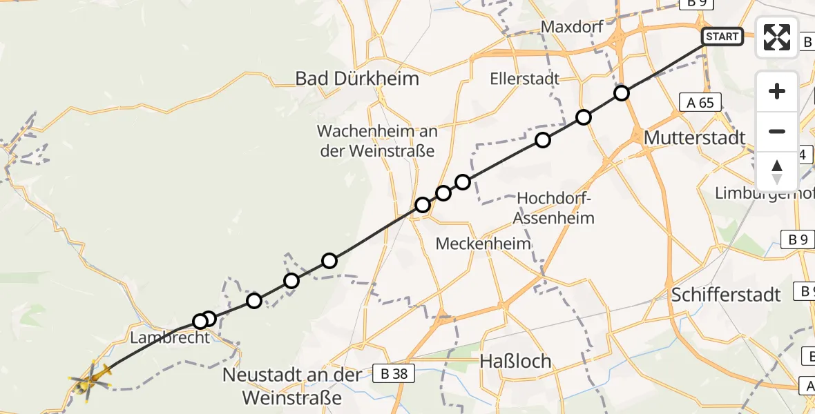 Flugroute Rettungshubschrauber Ludwigshafen am Rhein - Lambrecht (Pfalz), 05 August 2026, 11:18