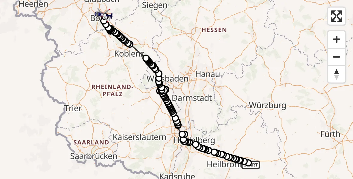 Flugroute Polizeihubschrauber Waldenburg - Sankt Augustin, 05 August 2026, 11:25