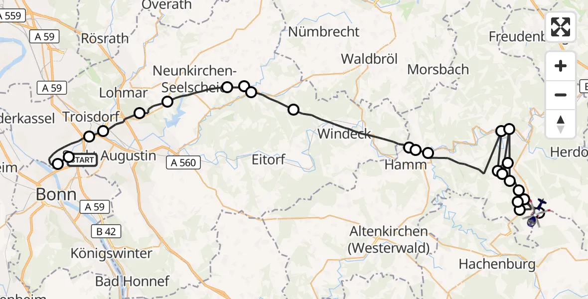 Flugroute Polizeihubschrauber Sankt Augustin - Elkenroth, 05 August 2026, 11:34
