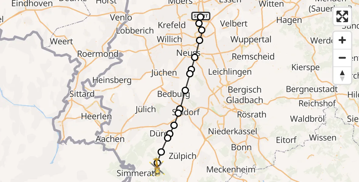 Flugroute Rettungshubschrauber Duisburg Air Rescue Hubschrauberlandeplatz (Christoph 9) - Heimbach, 05 August 2026, 11:36