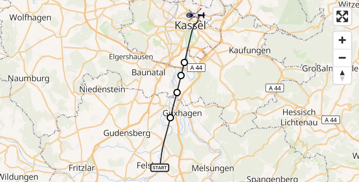 Flugroute Polizeihubschrauber Felsberg - Kassel, 05 August 2026, 11:37