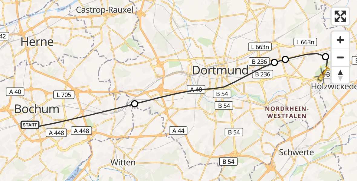 Flugroute Rettungshubschrauber Bochum - Dortmund Flughafen, 05 August 2026, 11:52