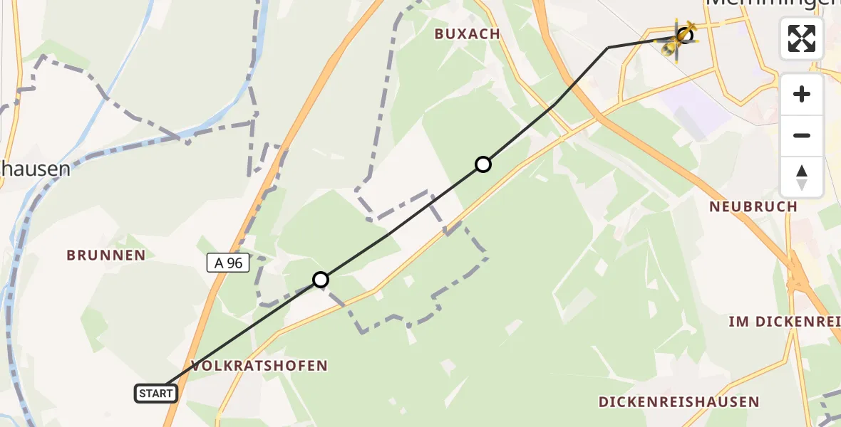Flugroute Rettungshubschrauber Memmingen - Memmingen Hospital, 05 August 2026, 11:58