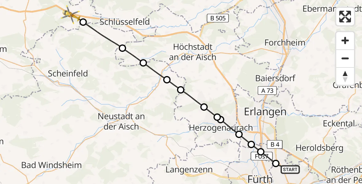 Flugroute Ambulanzhubschrauber Flughafen Nuremberg - Geiselwind, 05 August 2026, 12:00