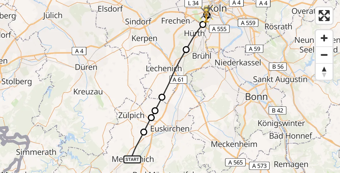 Flugroute Ambulanzhubschrauber Mechernich - Köln University Hospital, 05 August 2026, 12:03