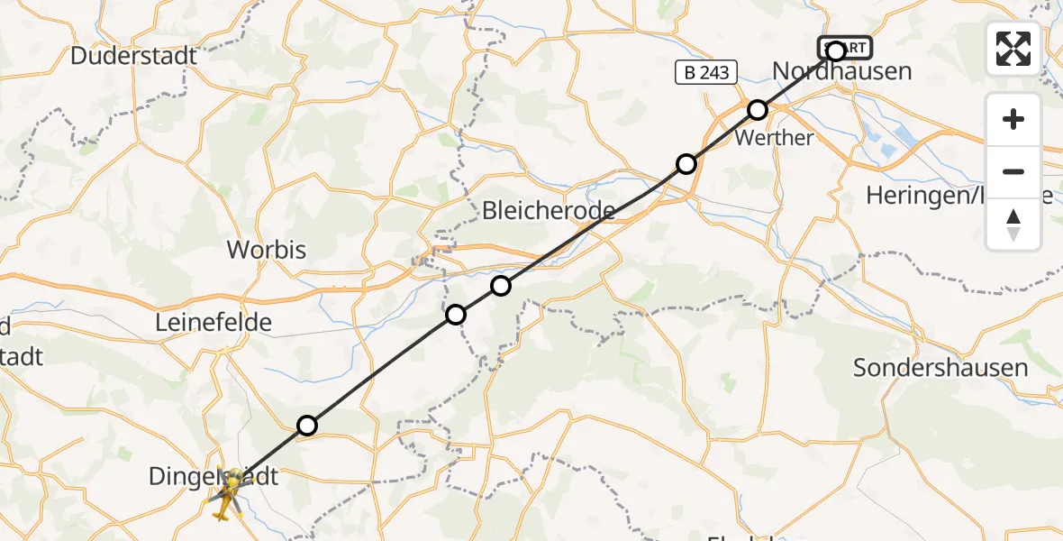 Flugroute Rettungshubschrauber Südharz Hospital Nordhausen - Dingelstädt, 05 August 2026, 12:04