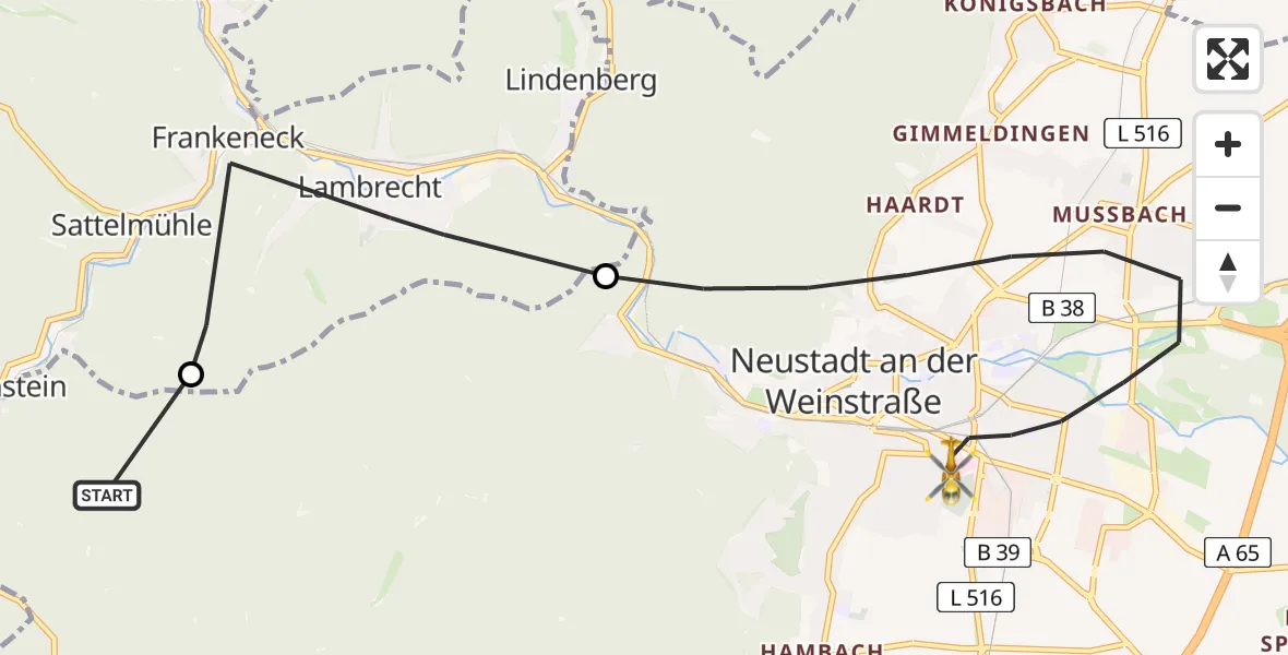 Flugroute Rettungshubschrauber Neustadt an der Weinstraße - Neustadt an der Weinstraße, 05 August 2026, 12:06