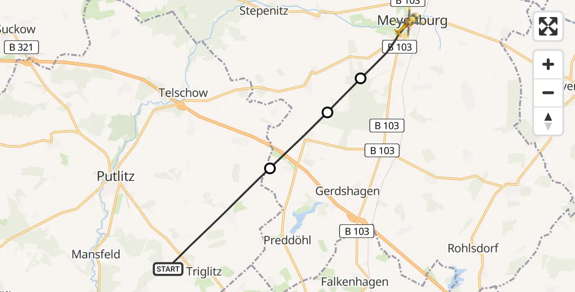 Flugroute Rettungshubschrauber Triglitz - Meyenburg, 05 August 2026, 12:06
