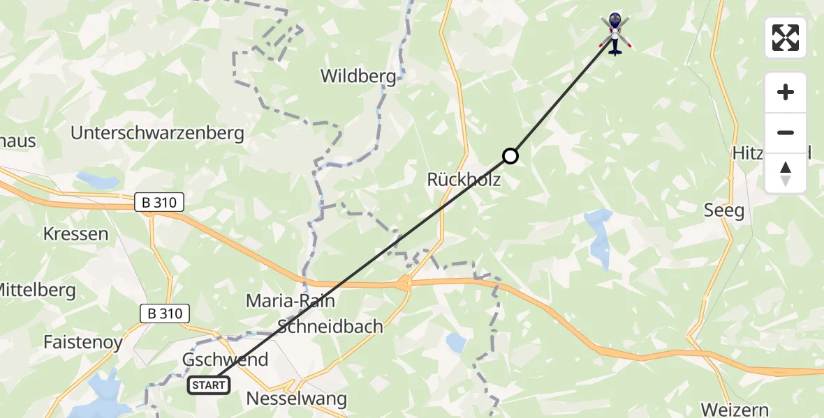 Flugroute Polizeihubschrauber Nesselwang - Lengenwang, 05 August 2026, 12:08