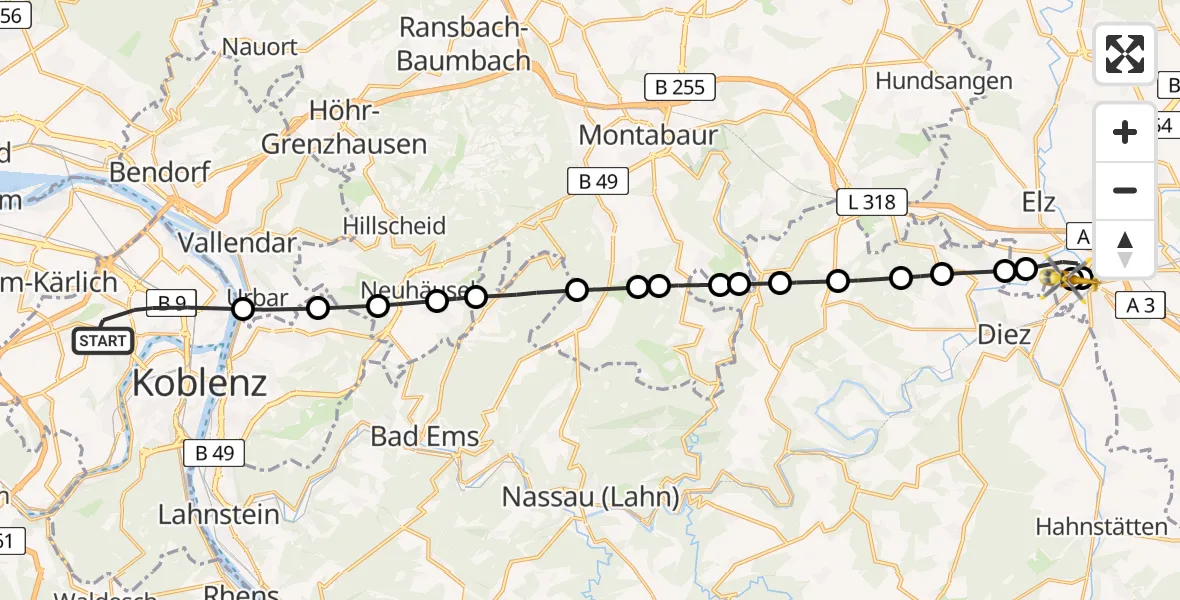 Flugroute Rettungshubschrauber Koblenz - Saint Vincent Hospital Limburg, 05 August 2026, 12:10
