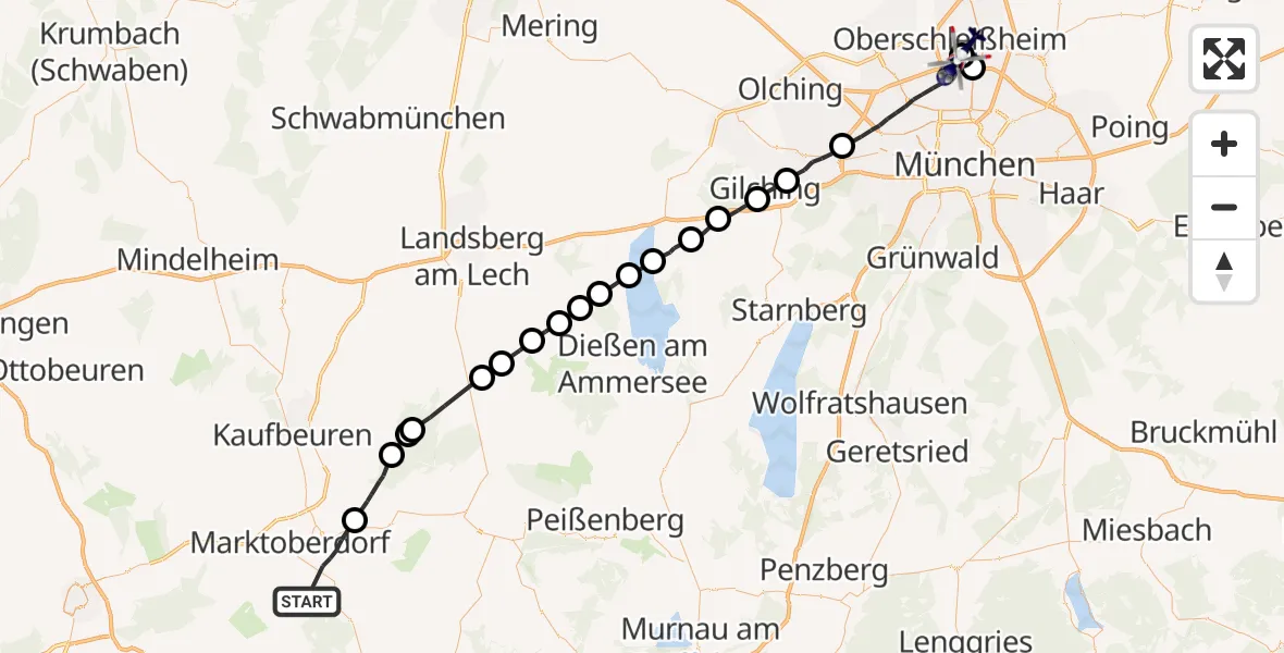 Flugroute Polizeihubschrauber Marktoberdorf - Oberschleissheim Hubschrauberlandeplatz, 05 August 2026, 12:12