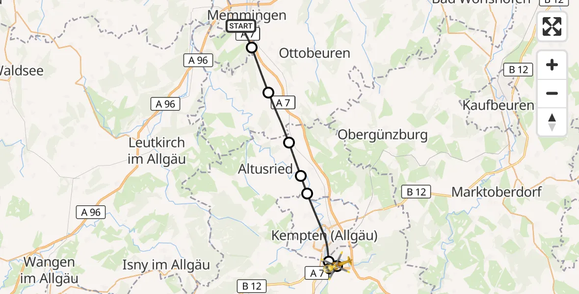 Flugroute Rettungshubschrauber Memmingen - Kempten-Durach Flugplatz, 05 August 2026, 12:17