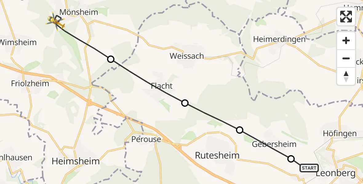 Flugroute Rettungshubschrauber Leonberg Hospital - Mönsheim, 05 August 2026, 12:21