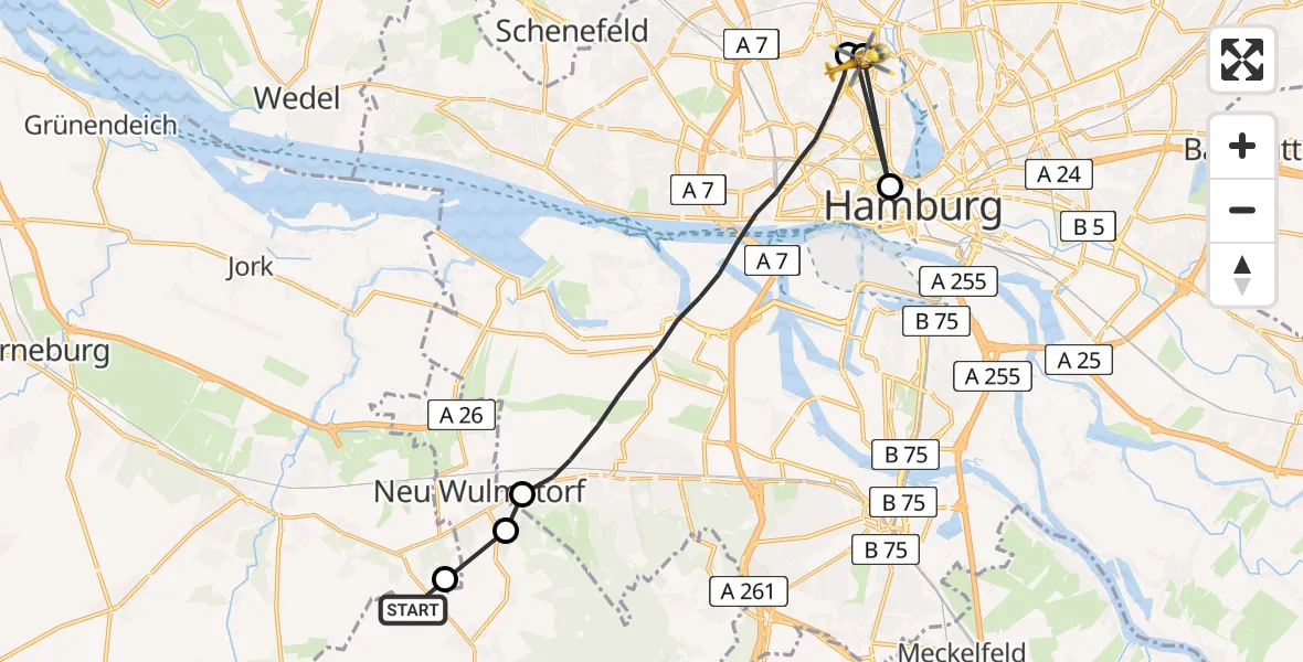 Flugroute Rettungshubschrauber Neu Wulmstorf - Universitätsklinikum Hamburg-Eppendorf Hubschrauberlandeplatz, 05 August 2026, 12:27