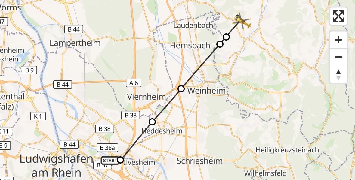 Flugroute Rettungshubschrauber Mannheim-City Flughafen - Mörlenbach, 05 August 2026, 12:28
