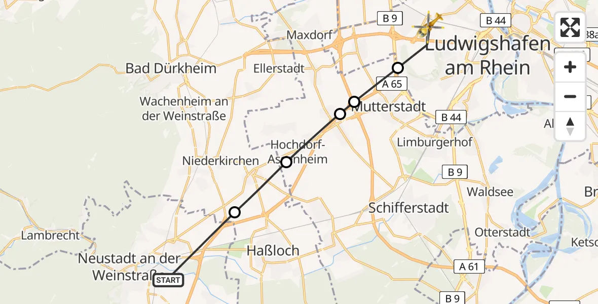 Flugroute Rettungshubschrauber Neustadt an der Weinstraße - Ludwigshafen Accident Hospital, 05 August 2026, 12:34