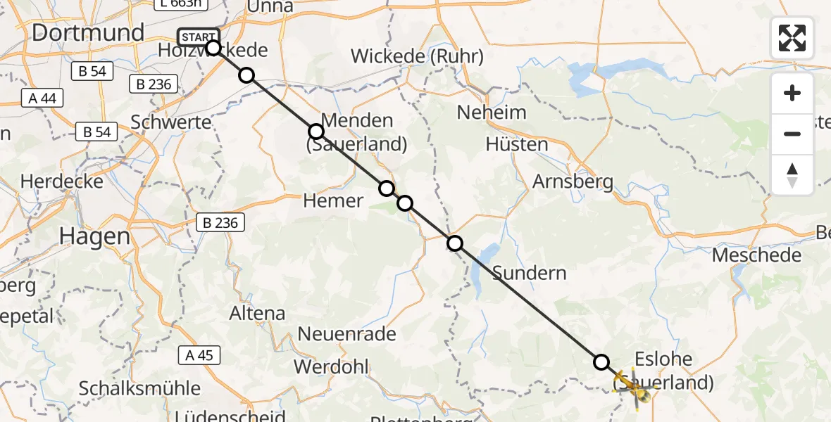 Flugroute Rettungshubschrauber Dortmund Flughafen - Eslohe (Sauerland), 05 August 2026, 12:36