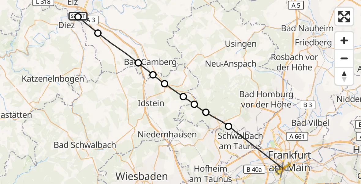 Flugroute Rettungshubschrauber Saint Vincent Hospital Limburg - Frankfurt University Hospital, 05 August 2026, 12:38