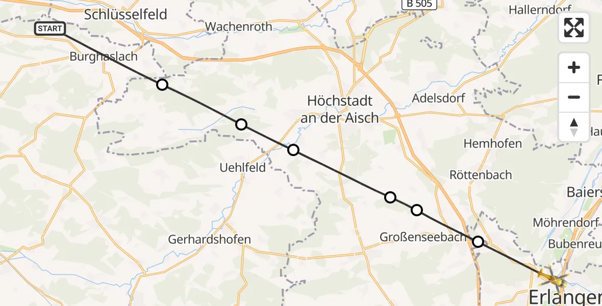 Flugroute Ambulanzhubschrauber Burghaslach - Erlangen, 05 August 2026, 12:41