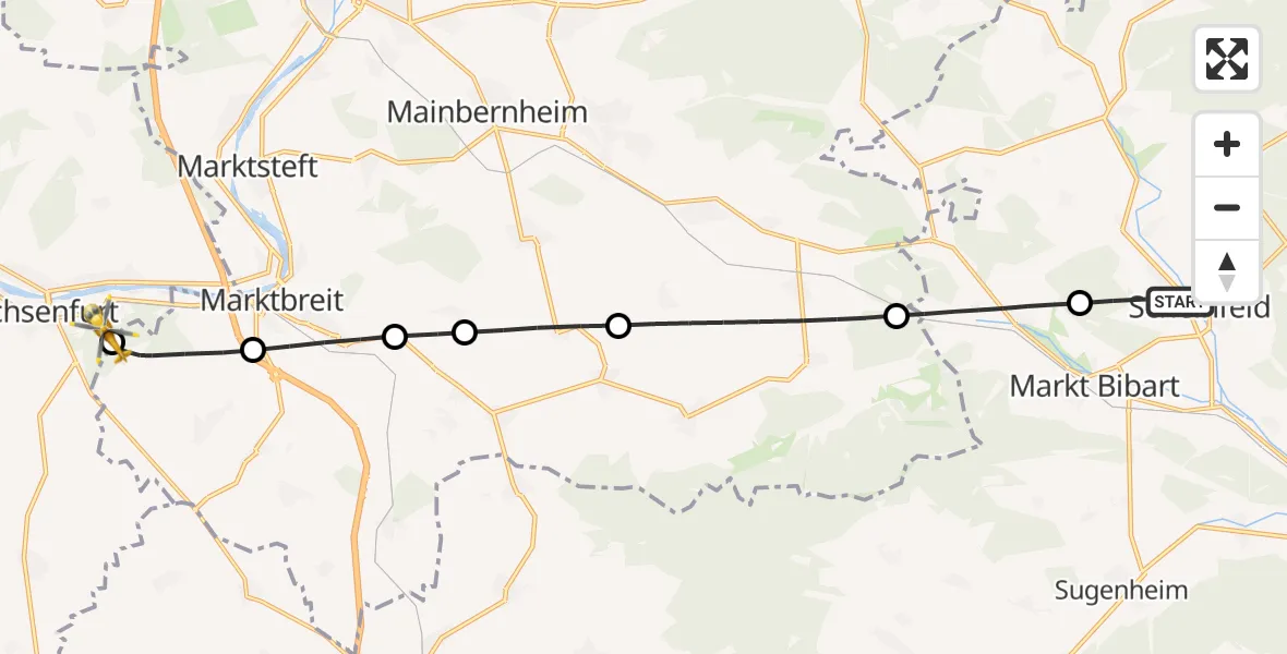 Flugroute Rettungshubschrauber Scheinfeld - Ochsenfurt Hospital, 05 August 2026, 13:04