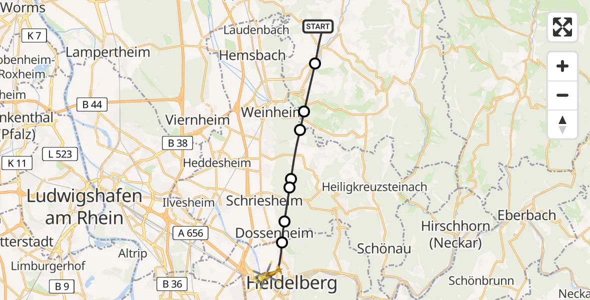 Flugroute Rettungshubschrauber Mörlenbach - Heidelberg, 05 August 2026, 13:06
