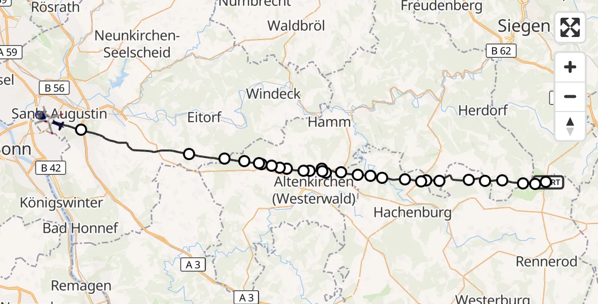Flugroute Polizeihubschrauber Siegerland Flughafen - Sankt Augustin, 05 August 2026, 13:10