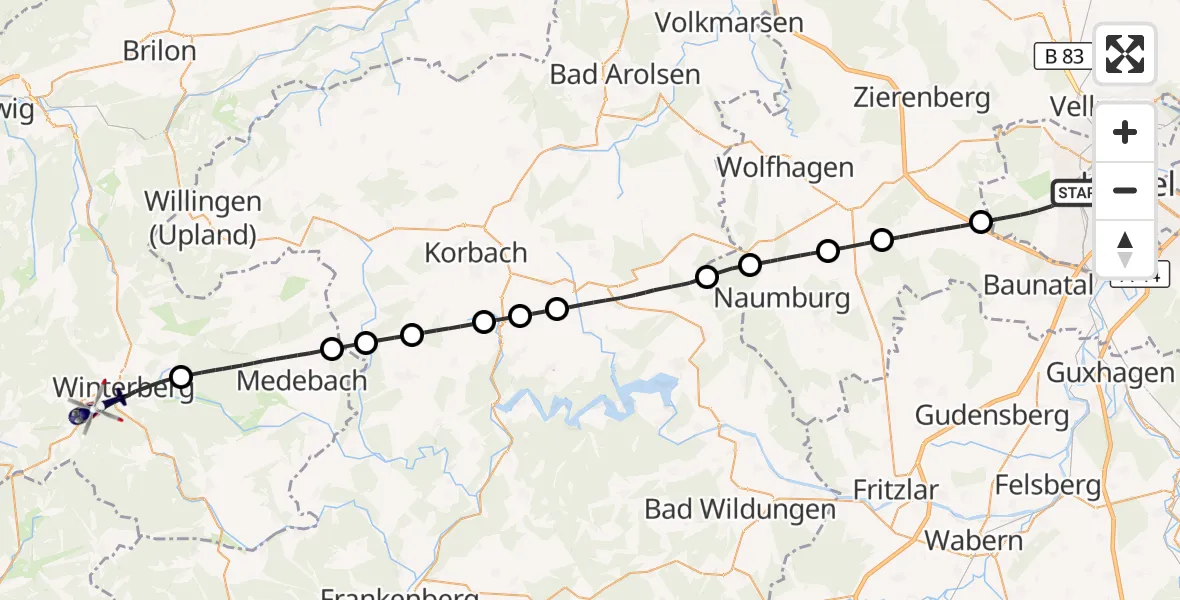 Flugroute Polizeihubschrauber Kassel - Winterberg, 05 August 2026, 13:13