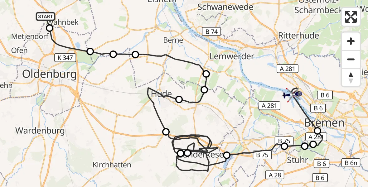 Flugroute Polizeihubschrauber Rastede - Bremen, 05 August 2026, 13:14