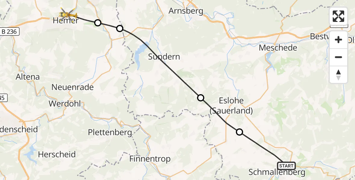 Flugroute Rettungshubschrauber Schmallenberg - Hemer, 05 August 2026, 13:30