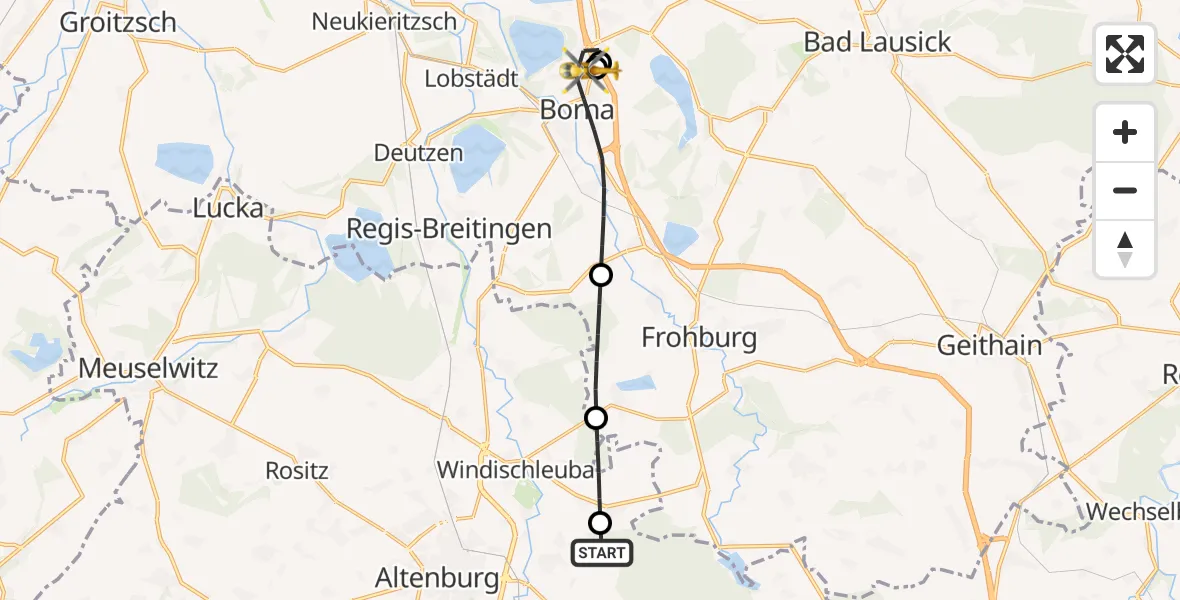 Flugroute Rettungshubschrauber Leipzig–Altenburg Flughafen - Sana Hospital Borna, 05 August 2026, 13:31