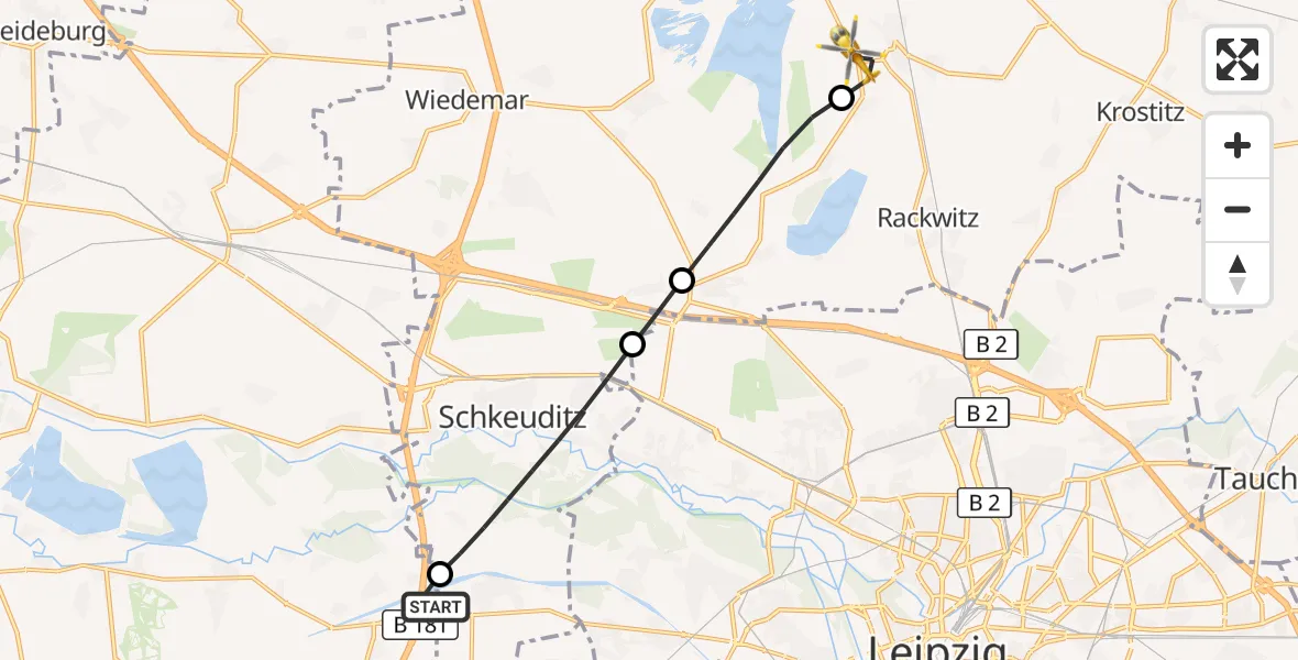 Flugroute Rettungshubschrauber ADAC Air Rescue Station Leipzig/Schkeuditz-Dölzig Hubschrauberlandeplatz (Christoph 61) - Rackwitz, 05 August 2026, 13:35