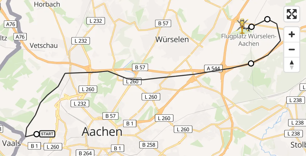 Flugroute Rettungshubschrauber Aachen Hospital - Aachen-Merzbrück Flughafen, 05 August 2026, 13:41