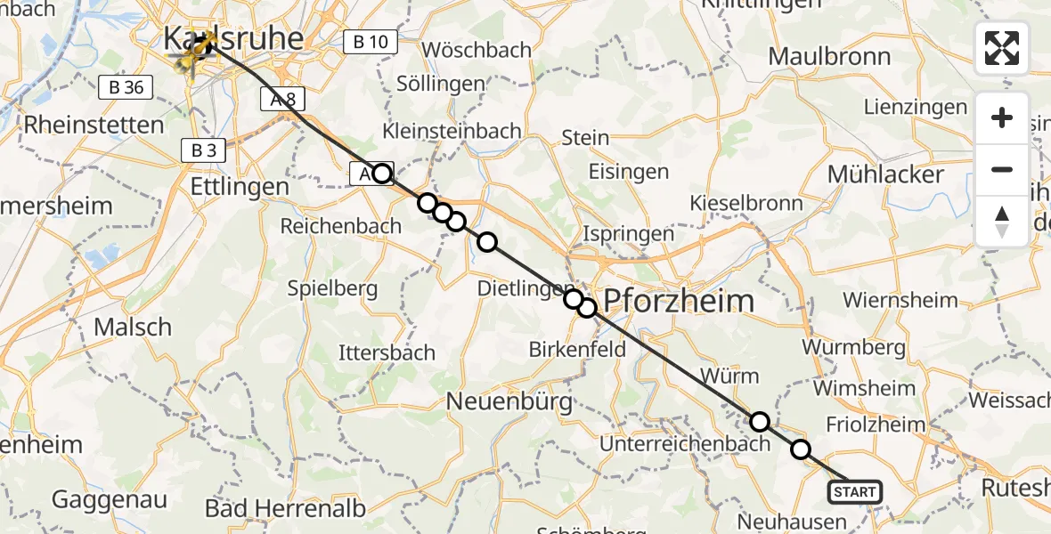 Flugroute Ambulanzhubschrauber Tiefenbronn - Sankt Vincentius Hospital, 05 August 2026, 13:42
