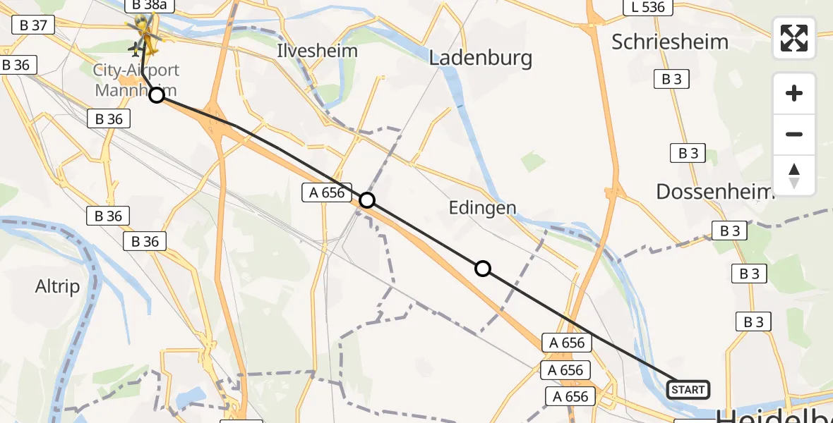 Flugroute Rettungshubschrauber Heidelberg - Mannheim-City Flughafen, 05 August 2026, 13:43