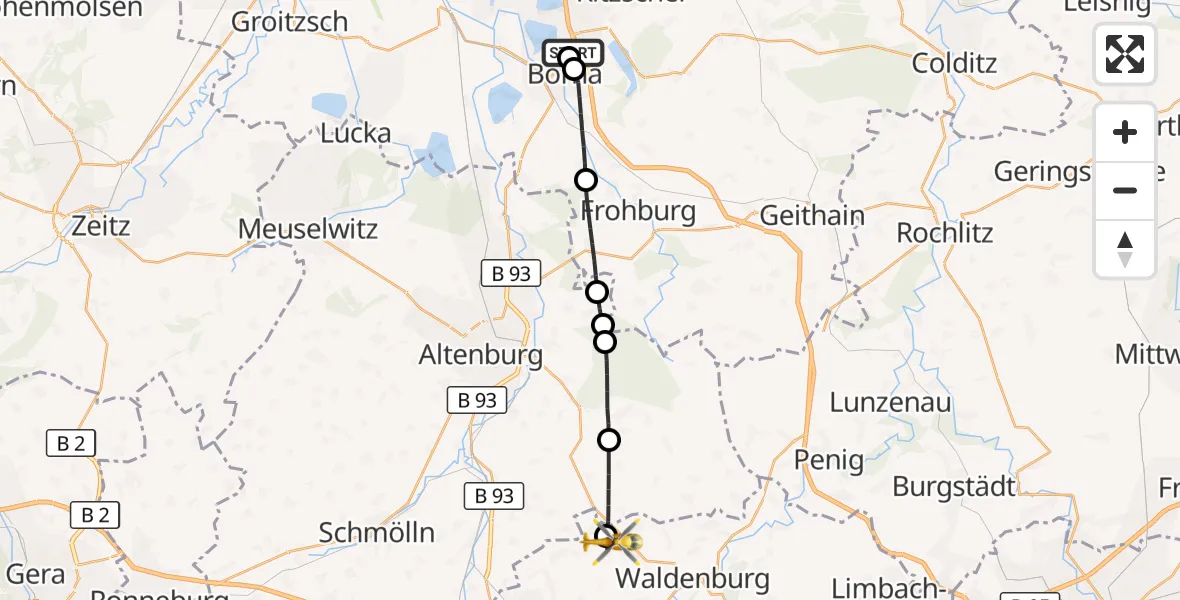 Flugroute Rettungshubschrauber Sana Hospital Borna - Oberwiera, 05 August 2026, 13:59