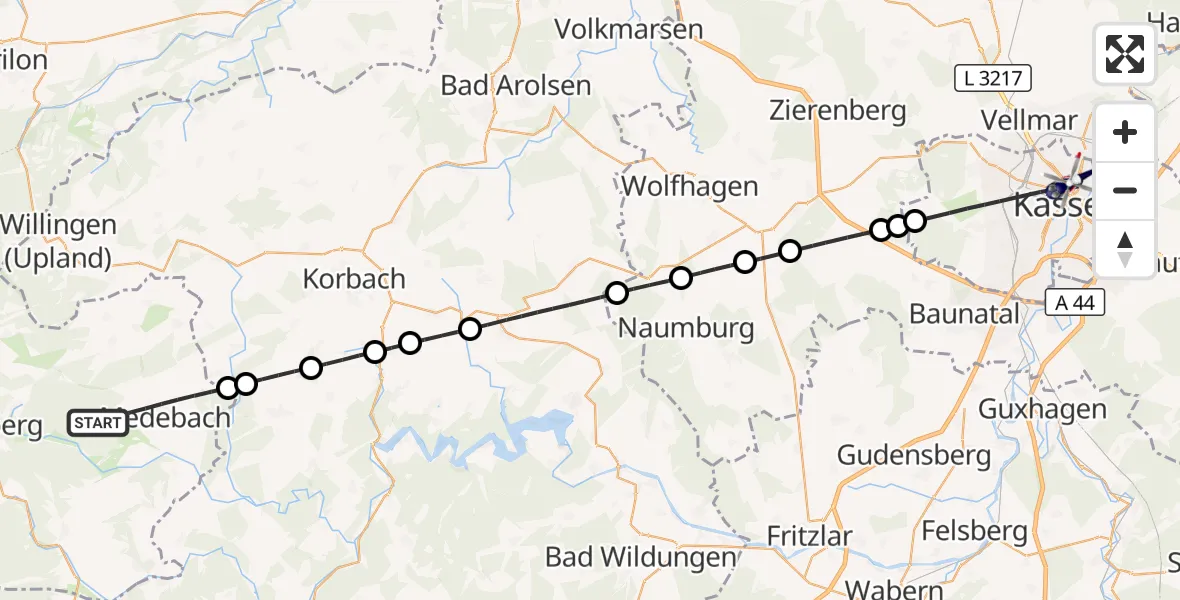 Flugroute Polizeihubschrauber Medebach - Kassel, 05 August 2026, 14:00