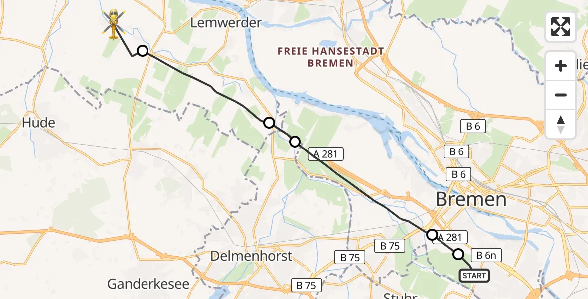 Flugroute Rettungshubschrauber Bremen - Berne, 05 August 2026, 14:11