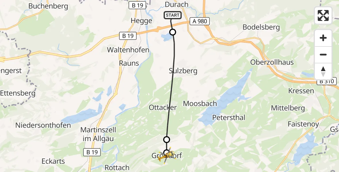 Flugroute Rettungshubschrauber Kempten-Durach Flugplatz - Rettenberg, 05 August 2026, 14:19