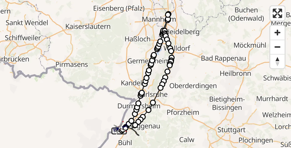 Flugroute Polizeihubschrauber Karlsruhe Baden-Baden Flughafen - Hügelsheim, 05 August 2026, 14:37