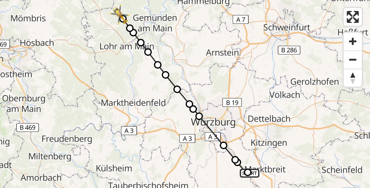 Flugroute Rettungshubschrauber Ochsenfurt Hospital - Lohr a.Main, 05 August 2026, 14:46