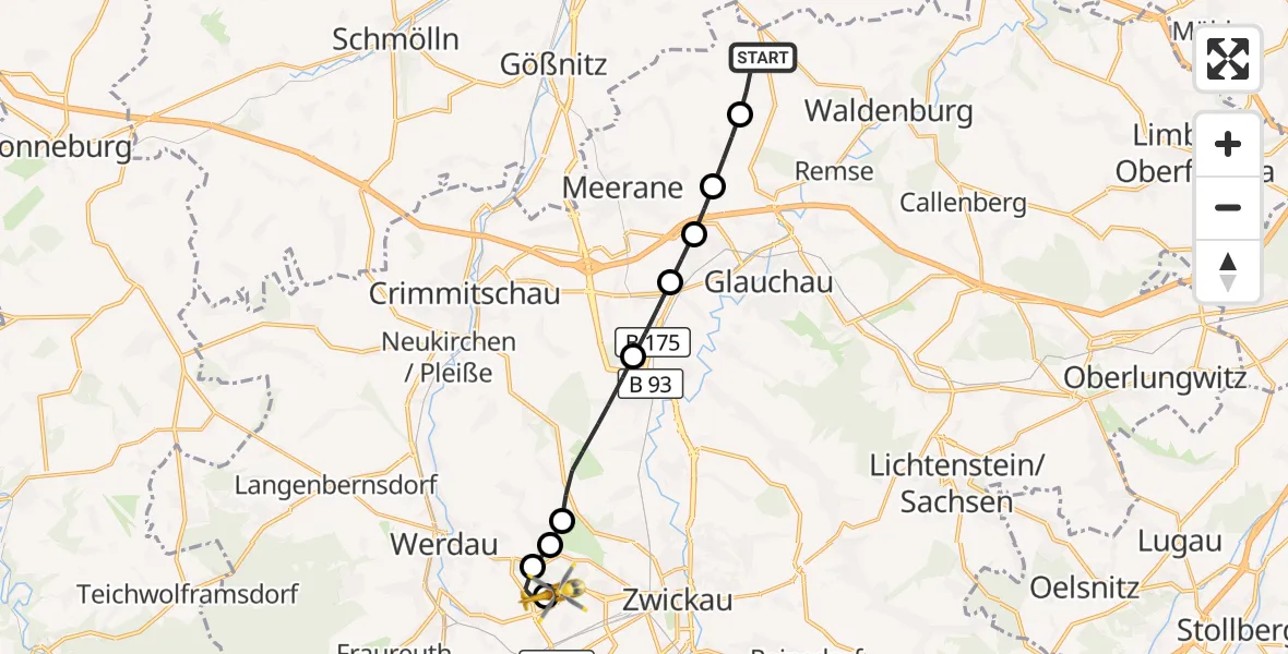 Flugroute Rettungshubschrauber Oberwiera - ADAC Air Rescue Station Zwickau Hubschrauberlandeplatz, 05 August 2026, 14:50