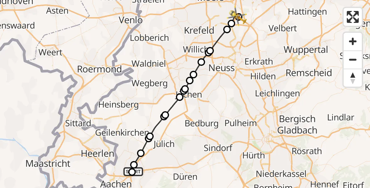 Flugroute Rettungshubschrauber Aachen-Merzbrück Flughafen - Duisburg Air Rescue Hubschrauberlandeplatz (Christoph 9), 05 August 2026, 14:50