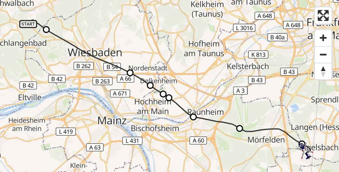 Flugroute Polizeihubschrauber Taunusstein - Flughafen Frankfurt-Egelsbach, 05 August 2026, 14:53