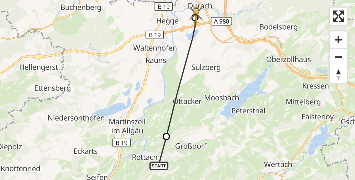 Flugroute Rettungshubschrauber Rettenberg - Kempten-Durach Flugplatz, 05 August 2026, 15:09