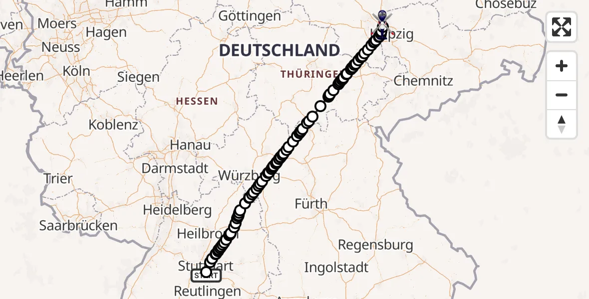 Flugroute Polizeihubschrauber Flughafen Stuttgart - Flughafen Leipzig/Halle, 05 August 2026, 15:10