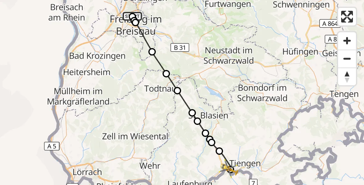 Flugroute Ambulanzhubschrauber Freiburg im Breisgau Flugplatz - Full-Reuenthal, 05 August 2026, 15:12