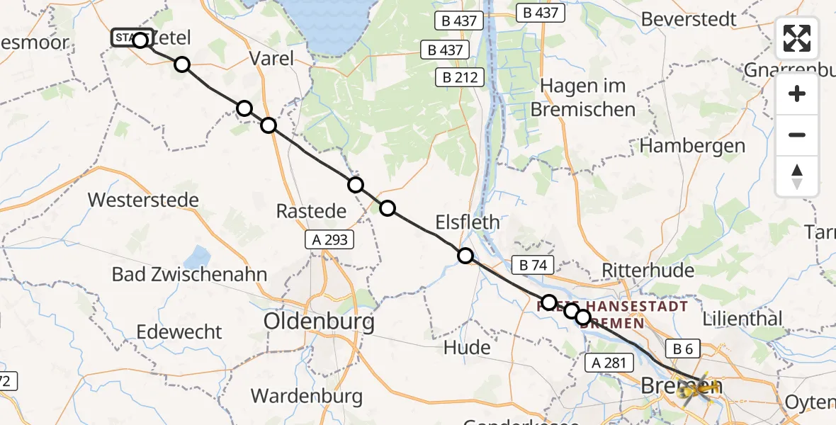 Flugroute Rettungshubschrauber Bohlenbergerfeld Flugplatz - Bremen, 05 August 2026, 15:16