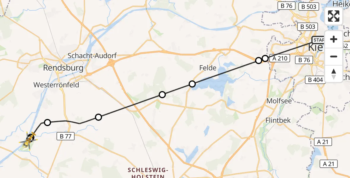 Flugroute Ambulanzhubschrauber Kiel - Rendsburg-Schachtholm Flugplatz, 05 August 2026, 15:19