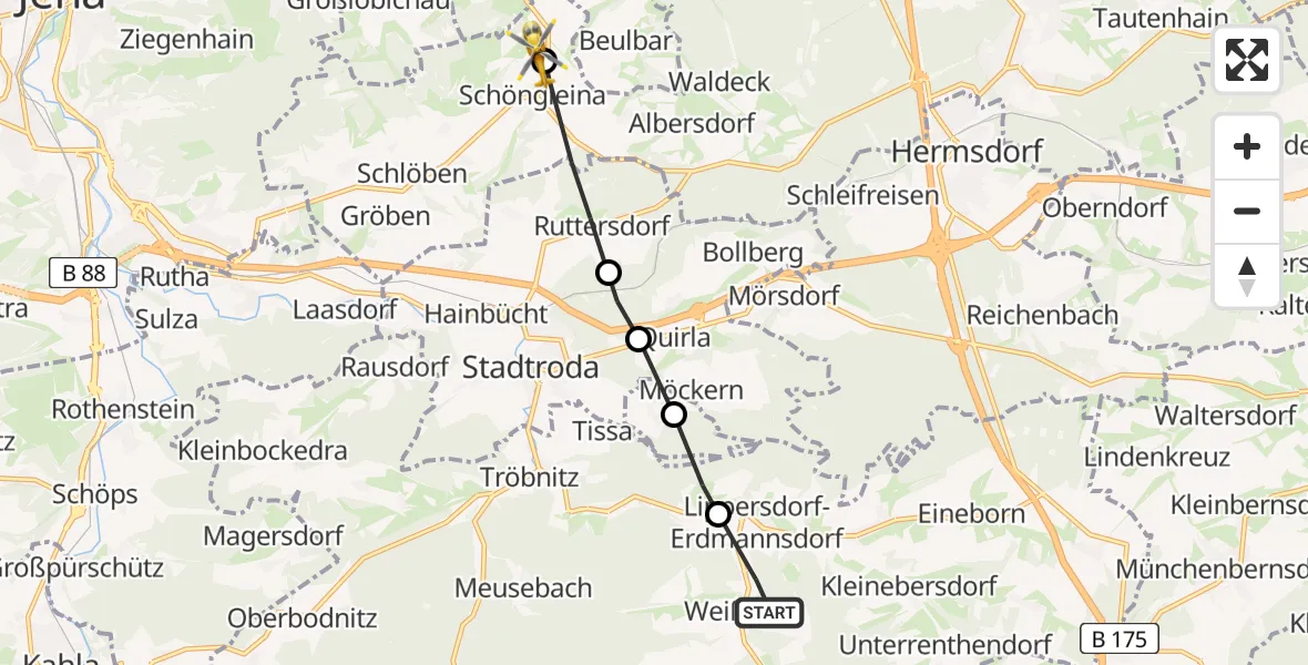 Flugroute Rettungshubschrauber Weißbach - Schöngleina, 05 August 2026, 15:26