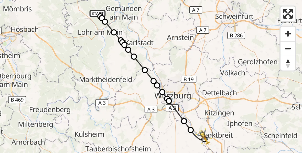 Flugroute Rettungshubschrauber Ruppertshüttener Forst - Ochsenfurt Hospital, 05 August 2026, 15:34